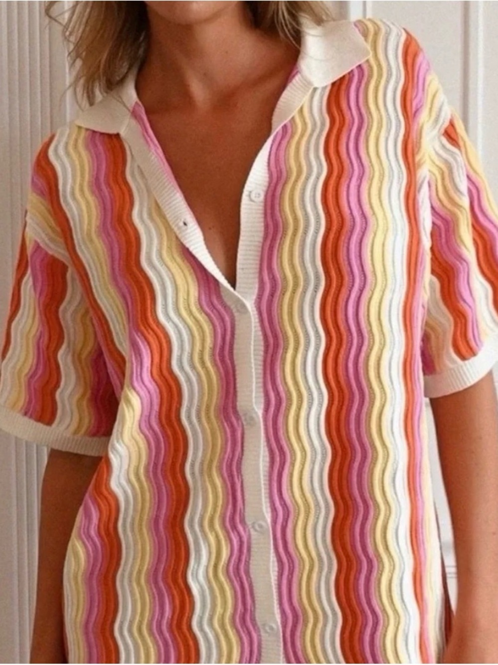 Wavy Stripe Collared Midi Dress in Pink & Orange